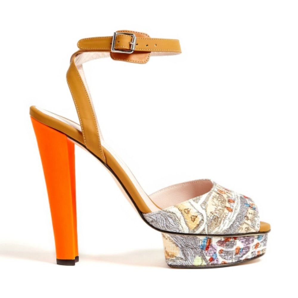 CARVEN Neon Heeled Paris Print Platform Sandals